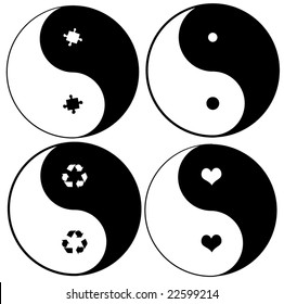 Vector Pack Of 4 Conceptual Yin Yang Symbols: Puzzle, Recycle, Love, Default