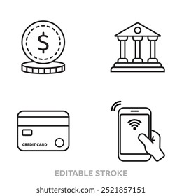 Vector pack of 4 minimal outline icons designed for the financial sector. Perfect for banking, investment, and business-related projects.