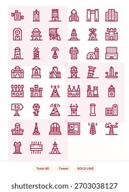 Vector pack with 45 Bold Line icons inspired by Tower, ideal for scalable and creative design work.