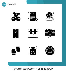 Vector Pack of 9 Glyph Symbols. Solid Style Icon Set on White Background for Web and Mobile.