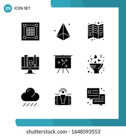 Vector Pack of 9 Glyph Symbols. Solid Style Icon Set on White Background for Web and Mobile.