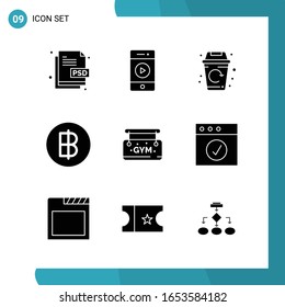 Vektorillustration Pack mit 9 Symbolen für die Glyphe. Solid Style Symbol auf weißem Hintergrund für Web und Mobile.