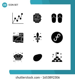 Vektorillustration Pack mit 9 Symbolen für die Glyphe. Solid Style Symbol auf weißem Hintergrund für Web und Mobile.
