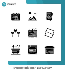 Vector Pack of 9 Glyph Symbols. Solid Style Icon Set on White Background for Web and Mobile.