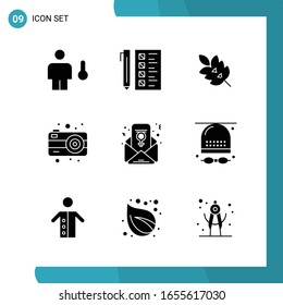 Vector Pack of 9 Glyph Symbols. Solid Style Icon Set on White Background for Web and Mobile.