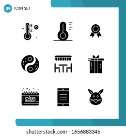 Vector Pack of 9 Glyph Symbols. Solid Style Icon Set on White Background for Web and Mobile.