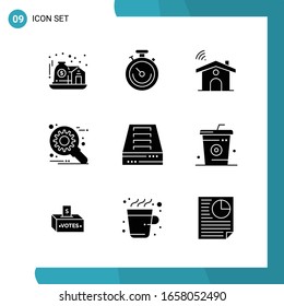 Paquete vectorial de 9 Símbolos Glifos. Icono de estilo sólido establecido en fondo blanco para Web y móvil.