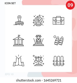 Paquete vectorial de 9 iconos en estilo de línea. Paquete de esquema creativo aislado en fondo blanco para web y móvil.