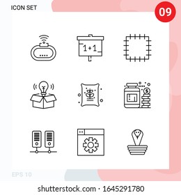 Paquete vectorial de 9 iconos en estilo de línea. Paquete de esquema creativo aislado en fondo blanco para web y móvil.