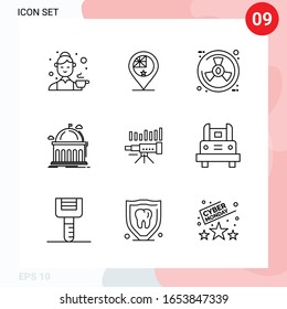 Vektorillustration Pack von 9 Symbolen in Line Style. Creative Outline Pack einzeln auf weißem Hintergrund für Web und Mobile.