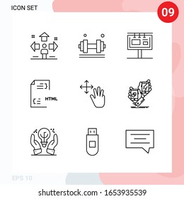 Paquete vectorial de 9 iconos en estilo de línea. Paquete de esquema creativo aislado en fondo blanco para web y móvil.