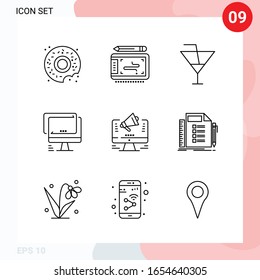 Paquete vectorial de 9 iconos en estilo de línea. Paquete de esquema creativo aislado en fondo blanco para web y móvil.