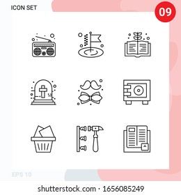 Vektorillustration Pack von 9 Symbolen in Line Style. Creative Outline Pack einzeln auf weißem Hintergrund für Web und Mobile.