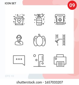 Paquete vectorial de 9 iconos en estilo de línea. Paquete de esquema creativo aislado en fondo blanco para web y móvil.