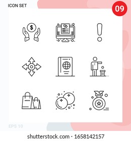 Paquete vectorial de 9 iconos en estilo de línea. Paquete de esquema creativo aislado en fondo blanco para web y móvil.