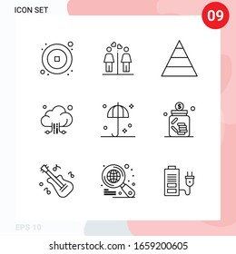 Paquete vectorial de 9 iconos en estilo de línea. Paquete de esquema creativo aislado en fondo blanco para web y móvil.