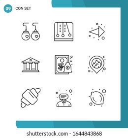 Vector Pack of 9 Outline Symbols. Line Style Icon Set on White Background for Web and Mobile.