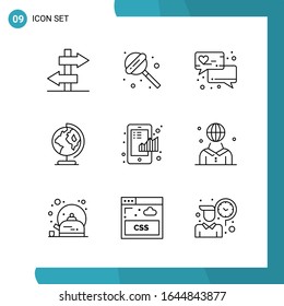 Paquete de vectores de 9 símbolos de esquema. Icono de estilo de línea establecido en fondo blanco para Web y móvil.
