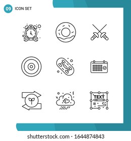 Paquete de vectores de 9 símbolos de esquema. Icono de estilo de línea establecido en fondo blanco para Web y móvil.