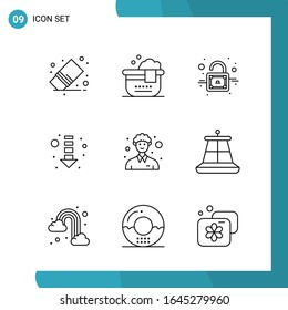 Paquete de vectores de 9 símbolos de esquema. Icono de estilo de línea establecido en fondo blanco para Web y móvil.
