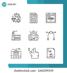 Paquete de vectores de 9 símbolos de esquema. Icono de estilo de línea establecido en fondo blanco para Web y móvil.