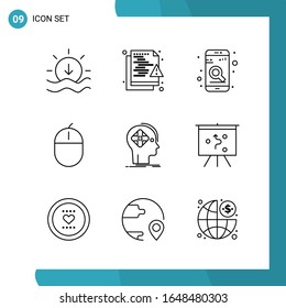 Vector Pack of 9 Outline Symbols. Line Style Icon Set on White Background for Web and Mobile.