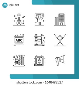 Paquete de vectores de 9 símbolos de esquema. Icono de estilo de línea establecido en fondo blanco para Web y móvil.