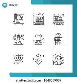 Paquete de vectores de 9 símbolos de esquema. Icono de estilo de línea establecido en fondo blanco para Web y móvil.