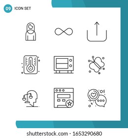 Paquete de vectores de 9 símbolos de esquema. Icono de estilo de línea establecido en fondo blanco para Web y móvil.