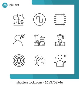 Paquete de vectores de 9 símbolos de esquema. Icono de estilo de línea establecido en fondo blanco para Web y móvil.