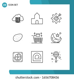 Paquete de vectores de 9 símbolos de esquema. Icono de estilo de línea establecido en fondo blanco para Web y móvil.