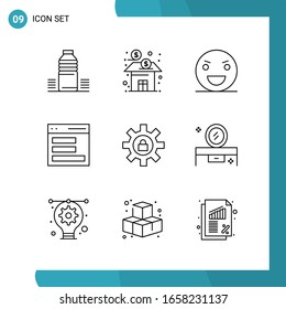 Paquete de vectores de 9 símbolos de esquema. Icono de estilo de línea establecido en fondo blanco para Web y móvil.