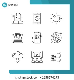 Vector Pack of 9 Outline Symbols. Line Style Icon Set on White Background for Web and Mobile.