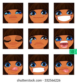 vector Pack avatars icons smiley ClipArt Girl swarthy faces BROWN HAIR, BLUE EYES Emotions Expressions Web Blog Graphics Profile Picture Set-4