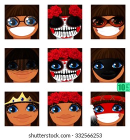 vector Pack avatars icons smiley ClipArt Girl swarthy faces BROWN HAIR, BLUE EYES Emotions Expressions Web Blog Graphics Profile Picture Set-9