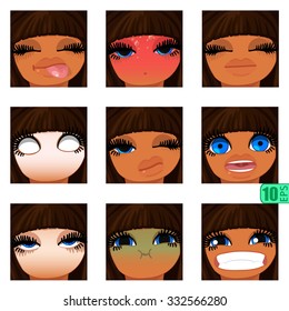 vector Pack avatars icons smiley ClipArt Girl swarthy faces BROWN HAIR, BLUE EYES Emotions Expressions Web Blog Graphics Profile Picture Set-5