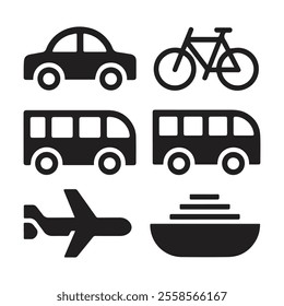 A vector pack of black and white transport silhouette icons, car, bicycle, bus, airplane, and ship illustration