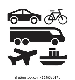 A vector pack of black and white transport silhouette icons, car, bicycle, bus, airplane, and ship illustration