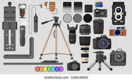 Vector Pack Of Cameras, Lenses, And Various Camera Accessories.  Included Are Filters, Tripods, SD Cards, Tripod Brackets, Remotes, And More!  Illustrations Are Detailed And This Is A Great Value.