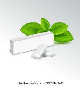 Vector Pack of Chewing Gum with Fresh Mint Leaves Isolated on White Background