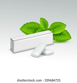 Vector Pack Of Chewing Gum With Fresh Mint Leaves Isolated On White Background