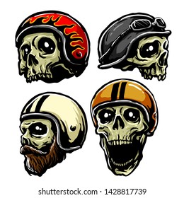 vector pack or collection of skull head with retro helmets, biker skull