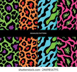 Vector pack with colored neon animal patterns. On a colored background