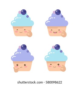 Vector pack of emoticons. Cute cupcake character isolated on white background. 