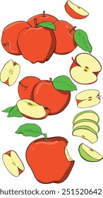 vector pack featuring whole apples, sliced apples, and apple segments, perfect for food illustrations, educational materials, and packaging designs. This collection offers multiple variations of apple