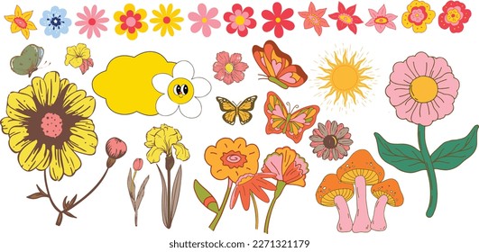 Vector pack flowers  Vector illustrations flowers  sun  butterfly  mushroom in retro style   Popular Groovy sticker 70's set 