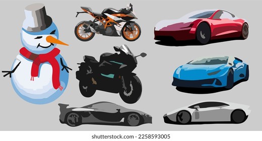 vector pack of full color colorful cars and motorcycles and a snowman