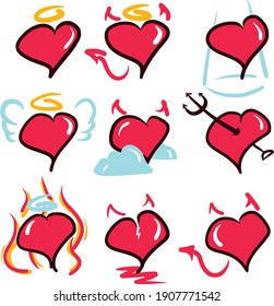 Envase vectorial de corazones con cuernos, alas y tema religioso