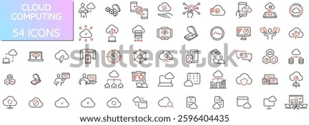 Vector Pack of Linear Icons Related to Network Cloud Service, Cloud Storage, Data Transfer and Synchronization. Mono line pictograms and infographics design elements