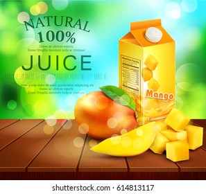 Vector pack of mango juice with slices and diced mango standing on a wooden table on the background of the sky and green foliage